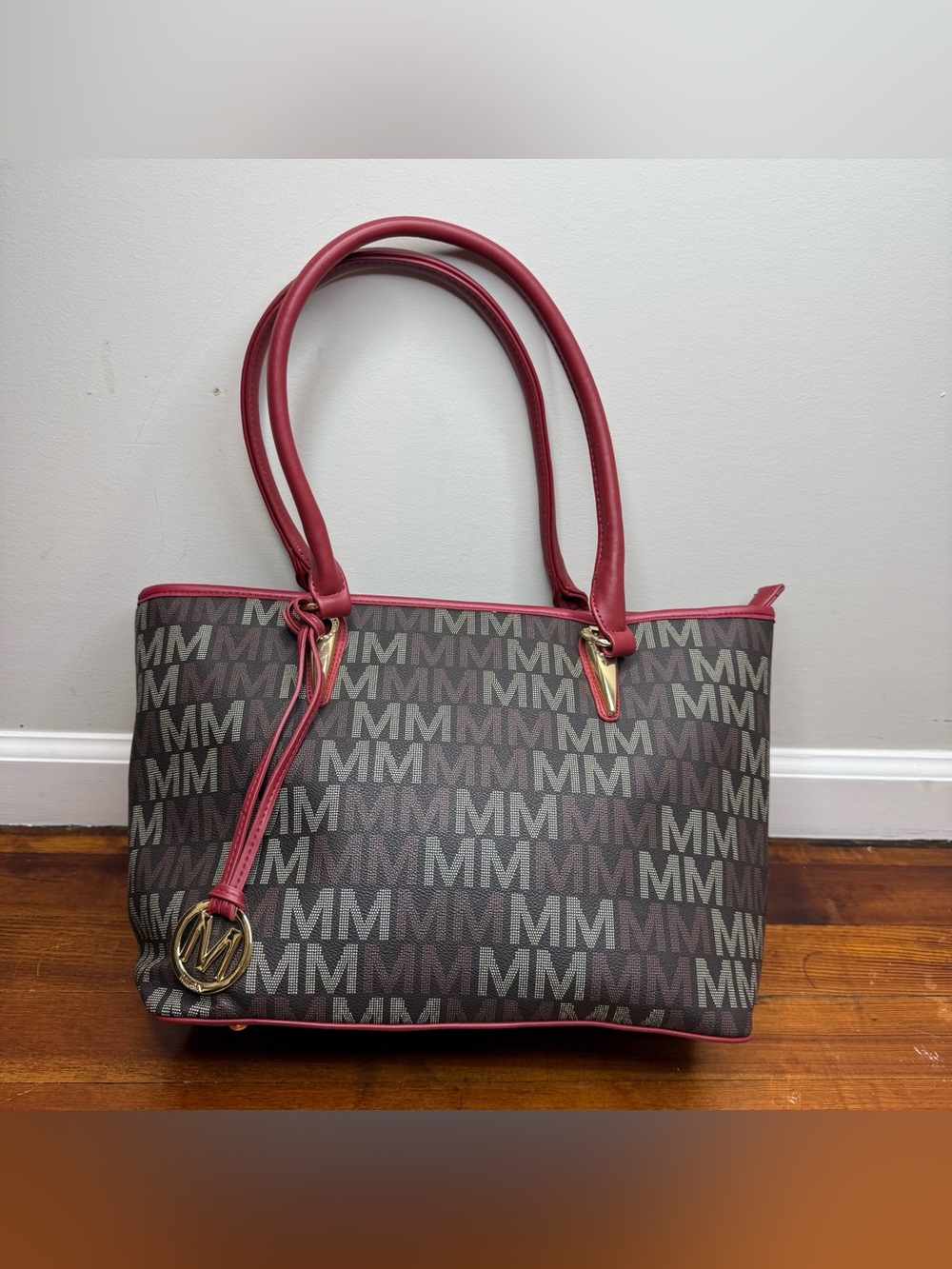 Monogram Tote with Burgundy Trim and Gold Accent
